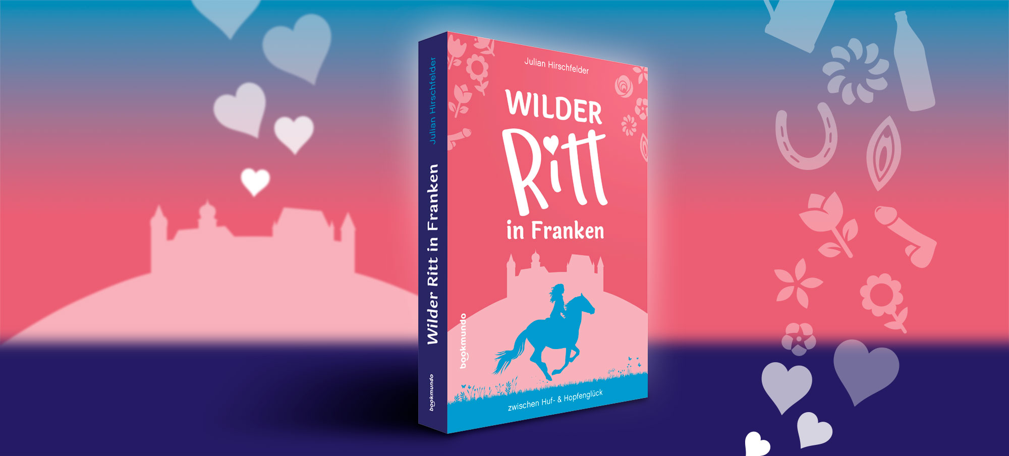 Wilder Ritt in Franken vor einer illustrierten fränkischen Kulisse